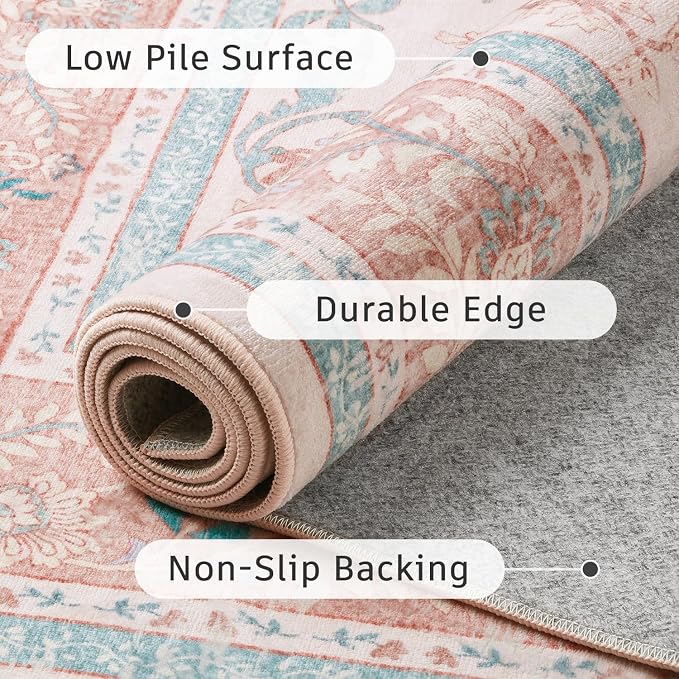 DCX 8x10 Pink Vintage Floral Rug, Machine Washable Non Slip Low Pile Carpet - Image 5