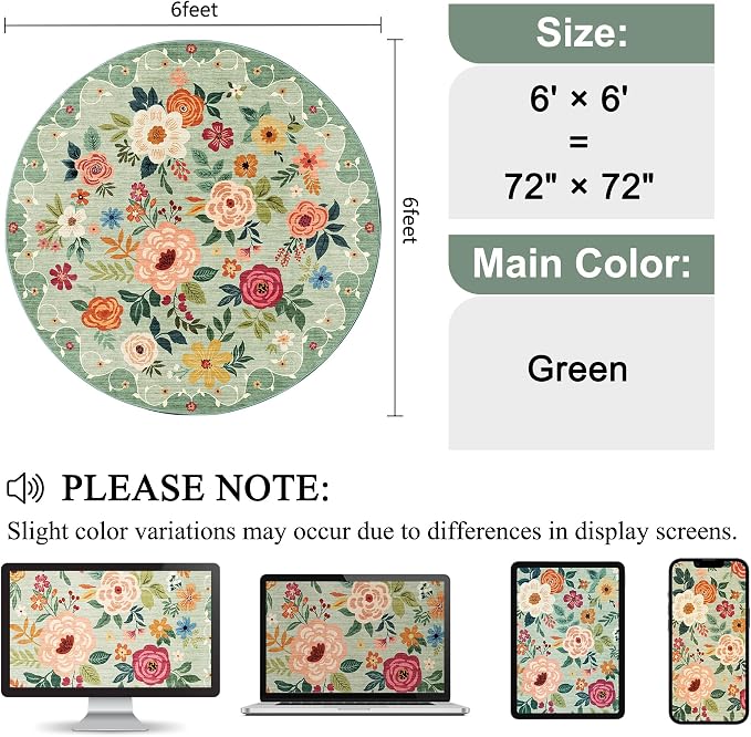 DUKINO Floral Round Rug, 6ft Washable Circle Rug, Non Slip Indoor Low Pile - Image 2