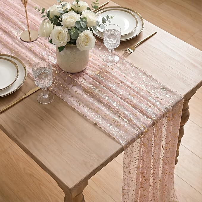 Artoid Mode Gold Gauze Pink Table Runner 120 Inch 10FT, Glitter Metallic Foil - Image 4