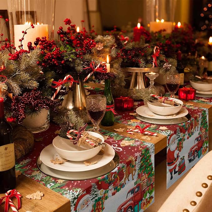 Merry Christmas Table Runner 36 Inches Long, Santa Xmas Tree Snowflake Table - Image 6