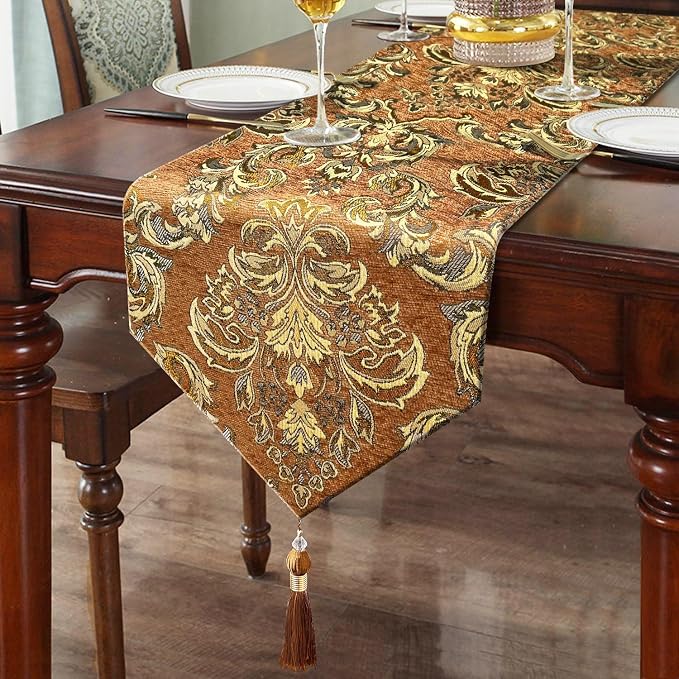 Caramel Table Runners 108 inches Long Vintage French Floral Chenille Cloths | by HeMiaor