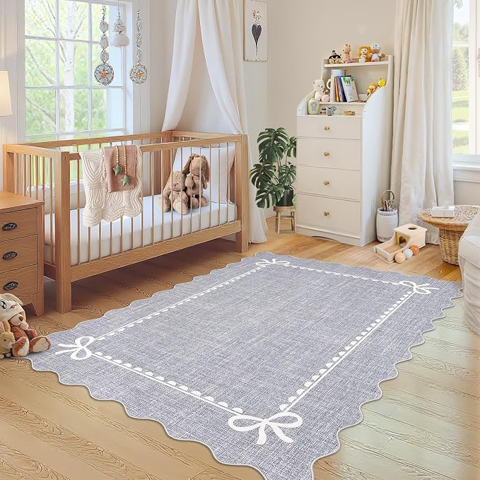 GarveeHome Scalloped Bow Rug for Living Room, Solid Grey Rug for Dorm, Washable - Image 3