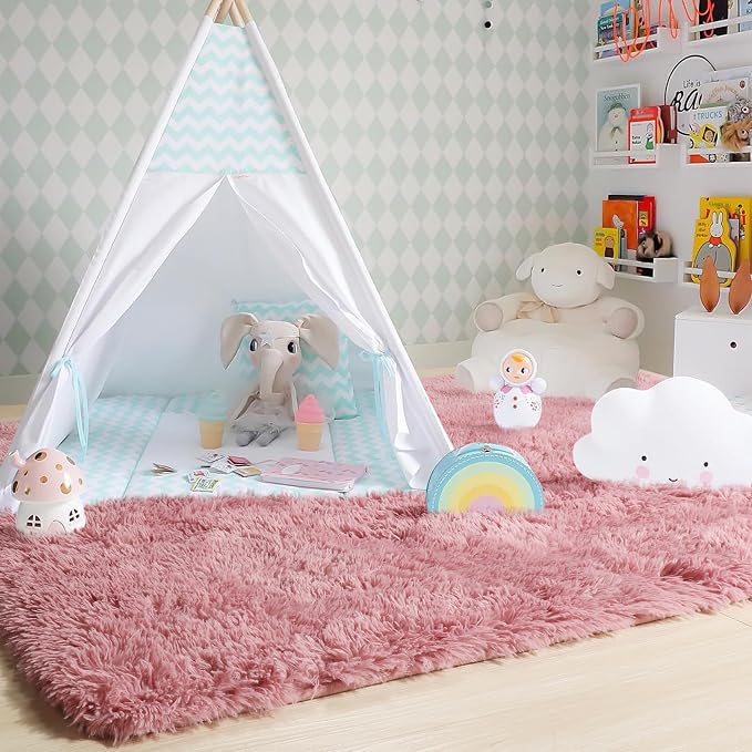 Amdrebio Blush Pink Area Rugs for Girls Bedroom, Fuzzy Furry Fluffy Kawaii Rugs - Image 8