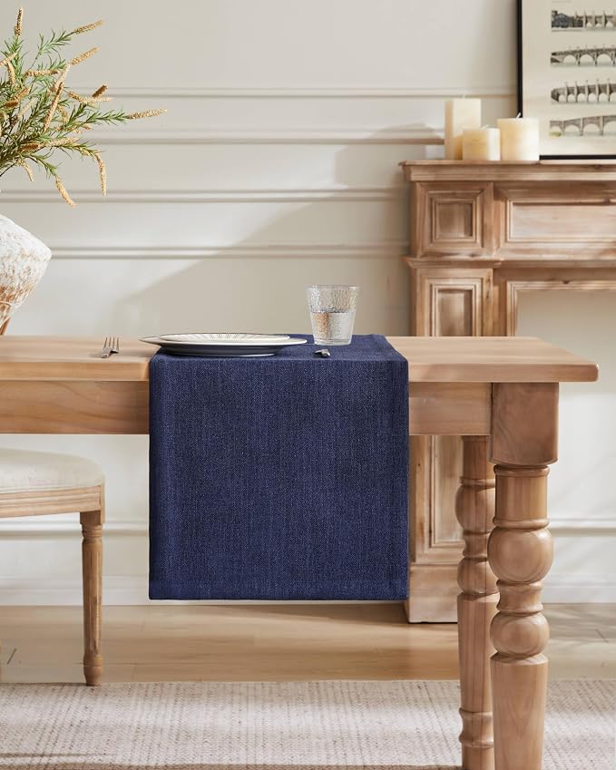 Burlap Style Farmhouse Table Runner, 14x60 Inches Navy | Thick Durable Fabric - Image 2