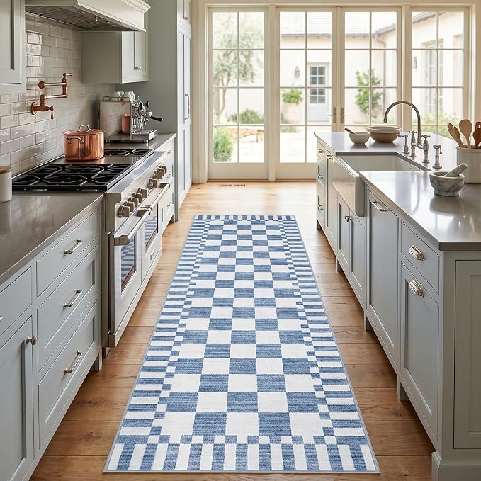 GarveeHome 2×6 Kitchen Runner Rug Non Slip, Dark Blue Checkered Rug, Washable by GarveeHome