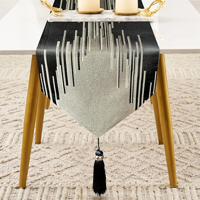 Luxury Black and Gold Table Runner 120 Inches Long, Modern Abstract Striped | - Image 2