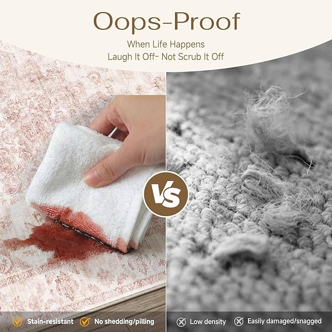 2x6 Washable Neutral Runner Rug Pink Vintage Hallway Kitchen Carpet Non-Slip - Image 5