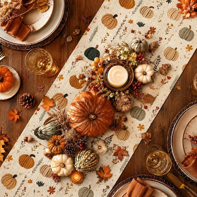 Fall Table Runner 13×108 Inch, Watercolor Pumpkin Floral Autumn Table Decor | - Image 2