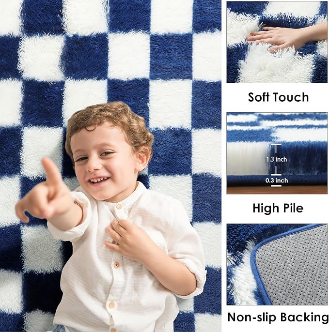KICMOR Soft Fluffy Navy Blue and Cream White Area Rug - Image 2