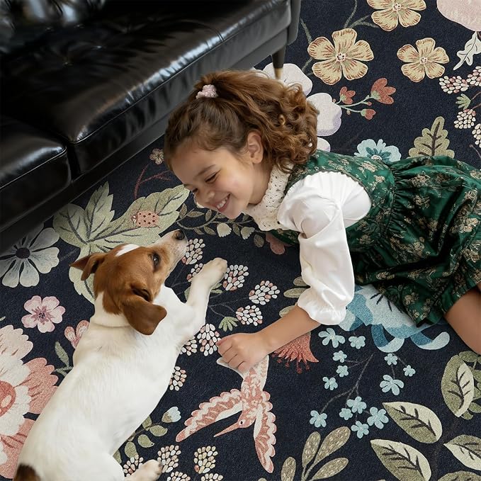 DCX Black Floral Rug 4x6, Washable Black Rug - Image 3
