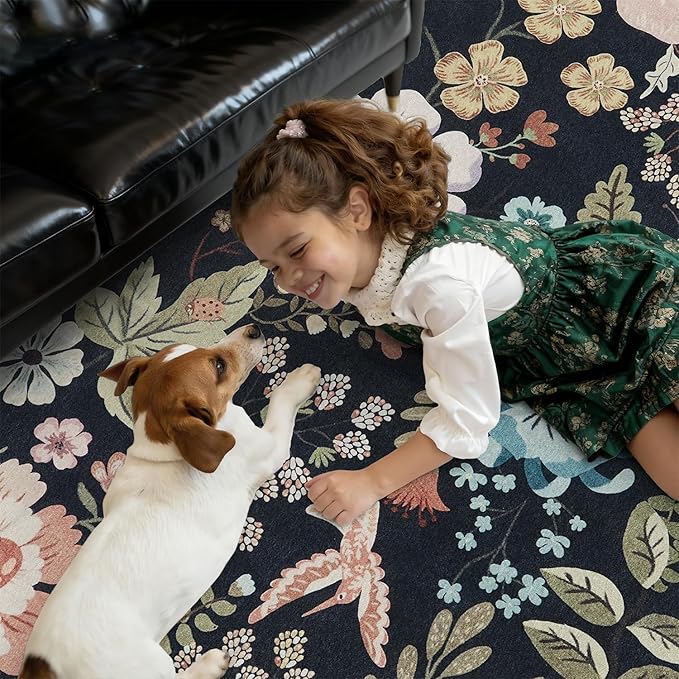 DCX Black Floral Rug 9x12, Washable Black Rug - Image 2