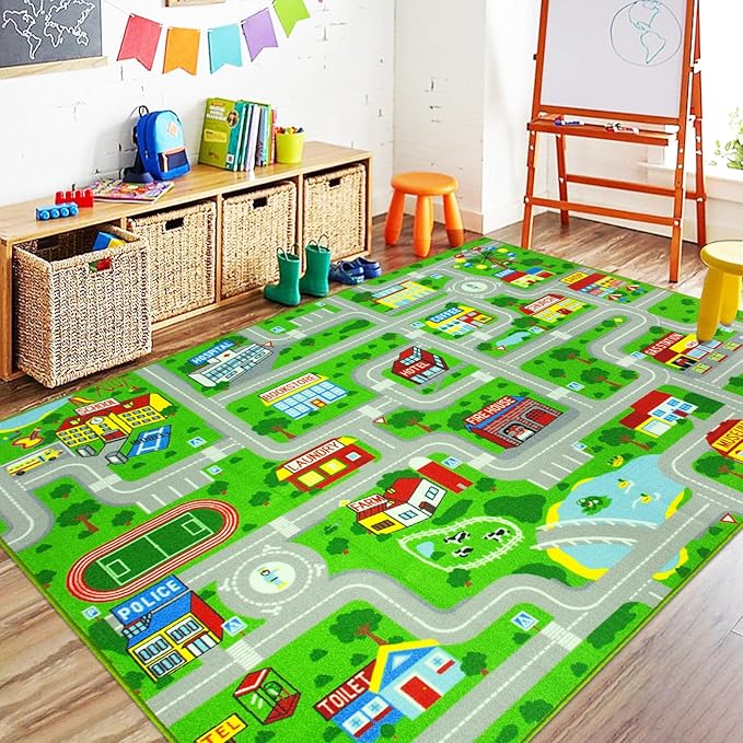 Capslpad Green Car Road Kid Rug Carpet Playmat by CapslpadDirect