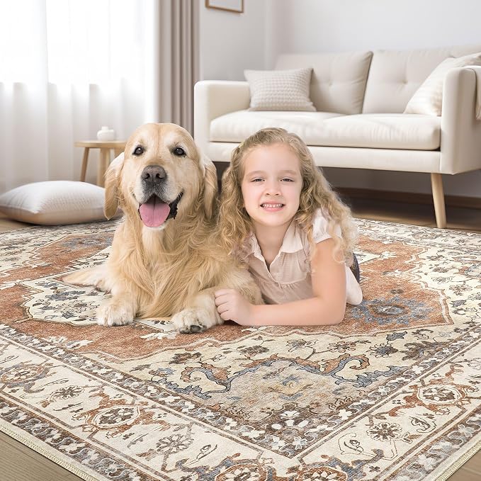 9x12 Washable Area Rug: Vintage Neutral Soft Non Slip Thin Large Floor Carpet - Image 6