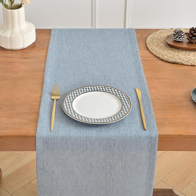 Wracra Linen Table Runner, Burlap Dusty Blue Table Runners 108 Inches Long | - Image 4