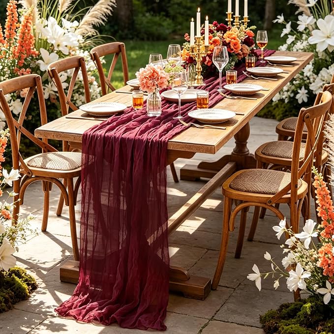 Burgundy Table Runner, 10FT Boho Rustic Burgundy Maroon Table Runner 120inch - Image 5