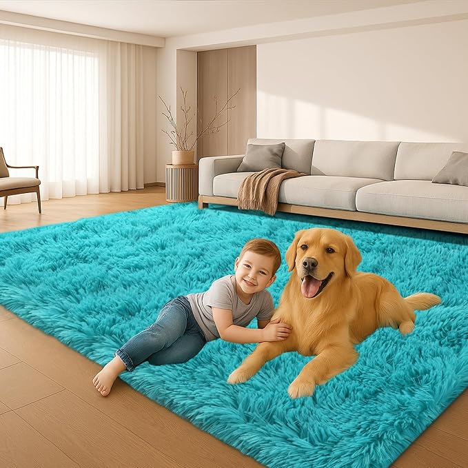 Teal Blue Plush Rug 9x12, Fluffy Shag Carpet Non-Slip, Area Rug - Image 5
