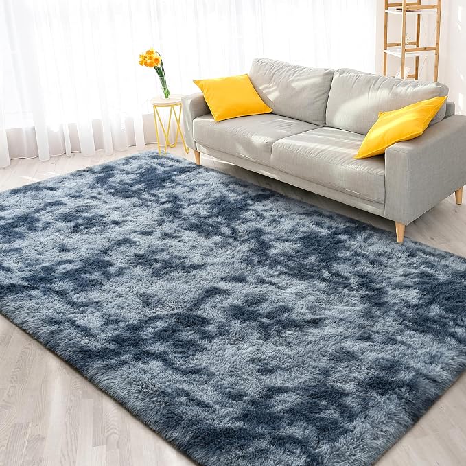 FlyDOIT Large Area Rugs for Living Room, 4x6 Feet Tie-Dyed Blue Grey Shaggy Rug - Image 8