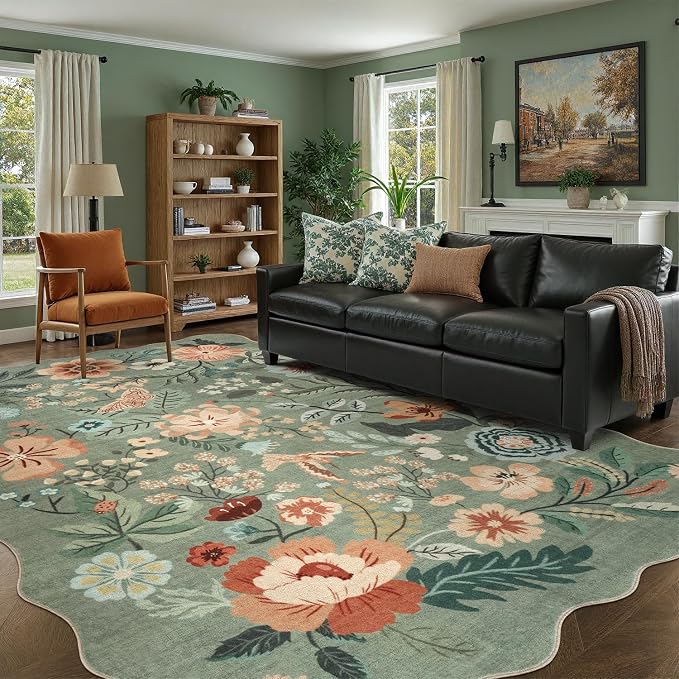 DCX Vintage Floral Rug 5x7, Washable Sage Green Rug by DCXWashableRug