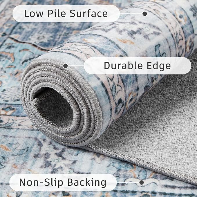 DCX Machine Washable Blue and Beige 3x5 Area Rug, Non Slip Stain Resistant - Image 4