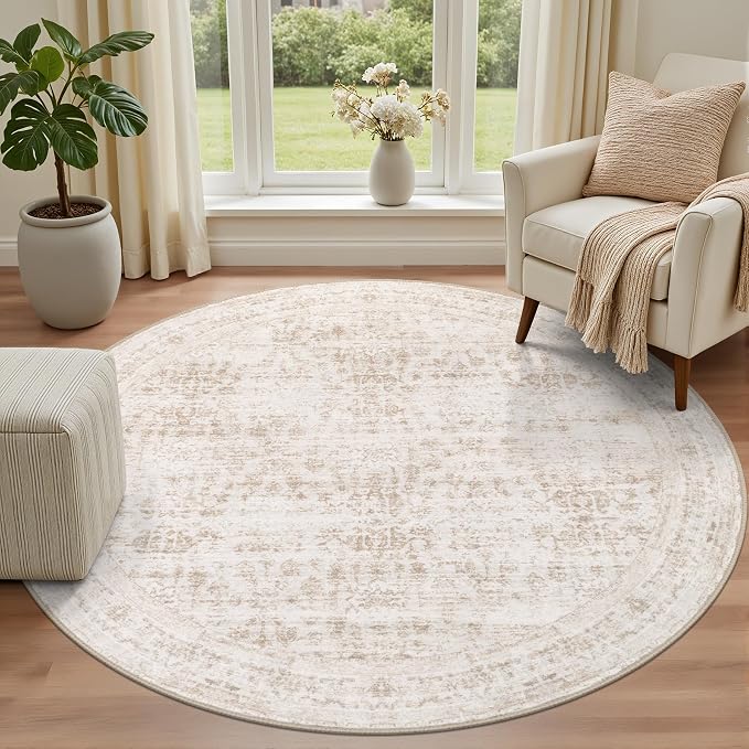 Round Area Rug for Living Room: 6ft Washable Vintage Boho Soft Thin Circle Rug - Image 2