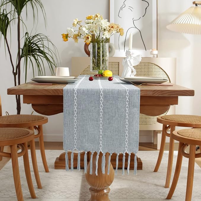 Wracra Rustic Linen Table Runner, Dusty Blue Table Runners 90 inches Long | - Image 7