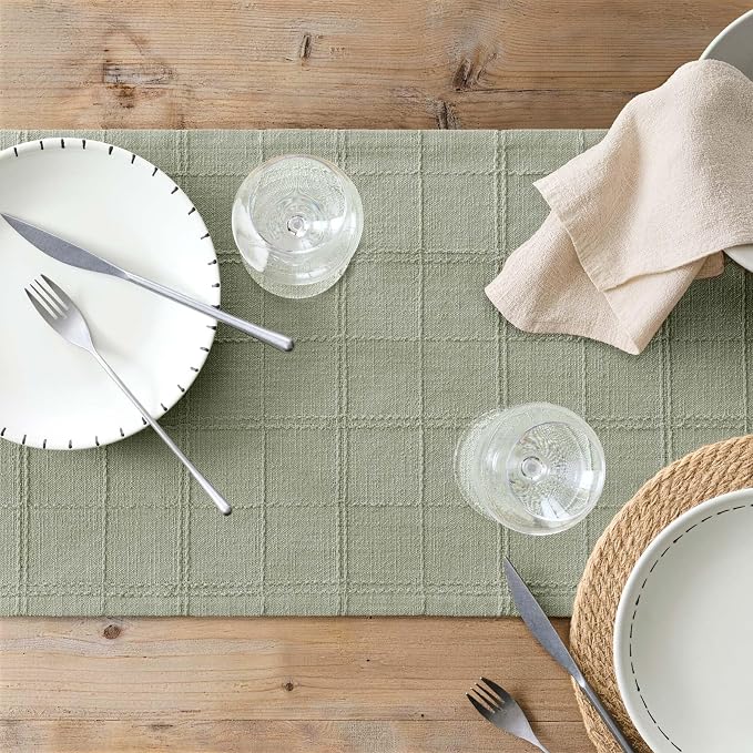 Linen Checked Farmhouse Table Runner, 13x36 Inches Seeding Green | Raised Grid - Image 7