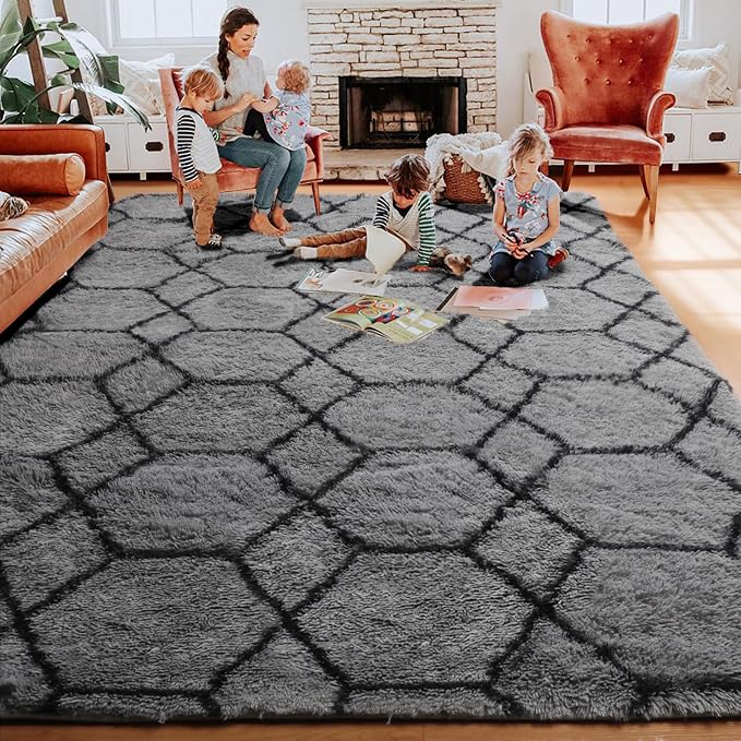 ONASAR 5x8 Area Rugs for Living Room, Fluffy Soft Grey and Black Geometric Rug - Image 8