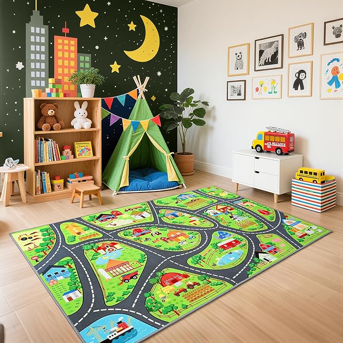 Farmyard Adventure Play Rugs, Educational and Fun Farm Car Rug Play Mat by BBENRON