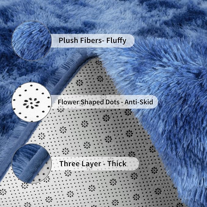 FlyDOIT Large Area Rugs for Living Room, 5x8 Feet Tie-Dyed Navy Blue Shaggy Rug - Image 6