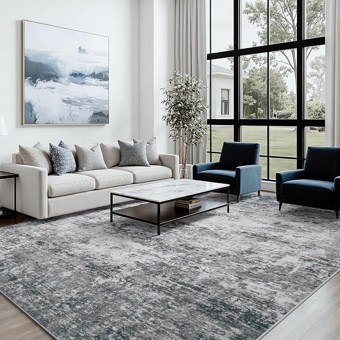 Area Rug 10x14 Living Room Rug Washable: No-Slip Abstract Soft Thin Large Gray - Image 4