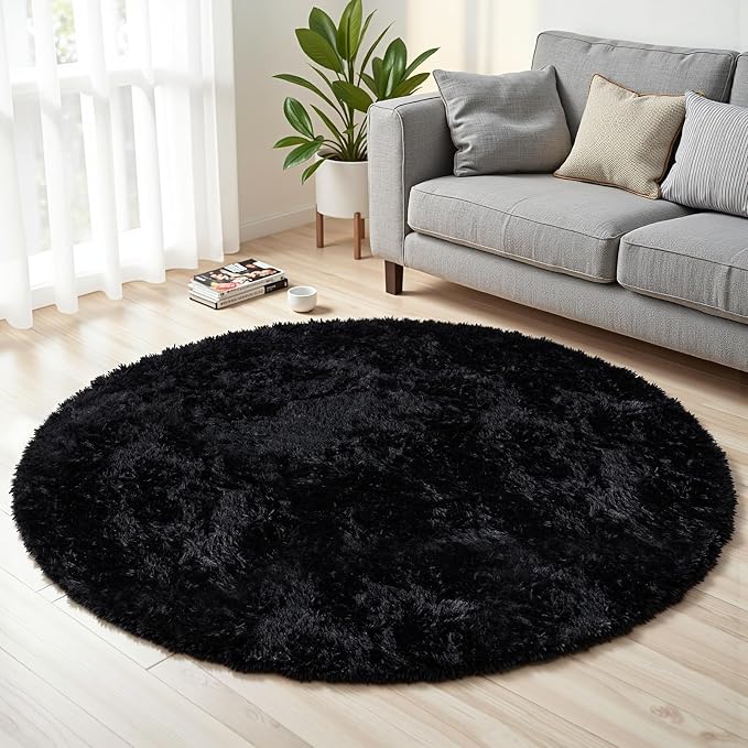 Black Round Fluffy Rug 6ft Plush Fuzzy Shaggy Carpet, Soft Rugs by Unknown