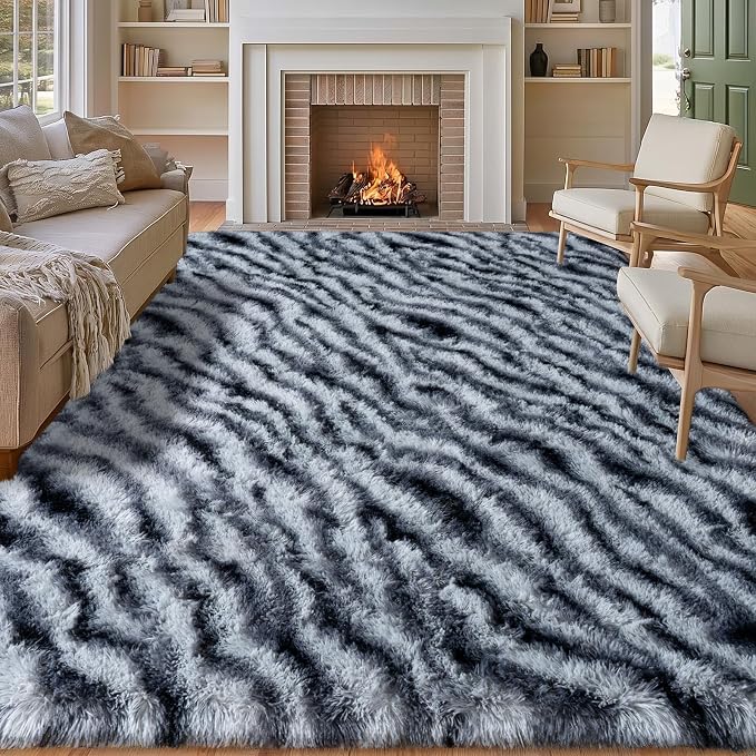 qulint Zebra Rug for Living Room, 5x7 Fluffy Carpet for Bedroom Soft Shaggy by QULINT