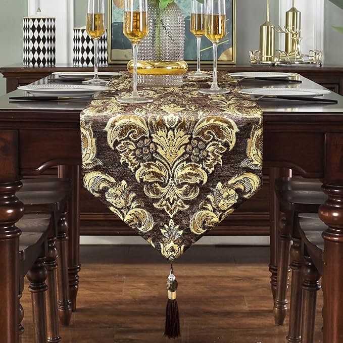 Dark Brown Coffee Table Runner Chenille Retro Golden Flowers 98 inches Long | - Image 7