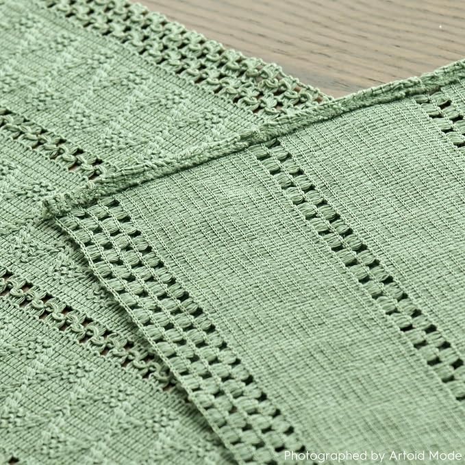 Artoid Mode Light Green Woven Farmhouse Hollow Table Runner 12x120 Inch | - Image 4