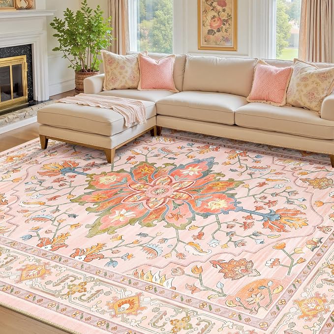 RELEANY Area Rugs 7'x9' Washable Non-Slip, Floral Vintage Distress Medallion by RELEANY