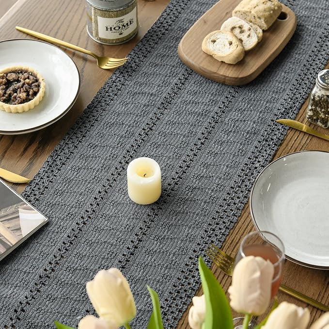 Artoid Mode Dark Grey Woven Farmhouse Hollow Table Runner 12x90 Inch | Holiday - Image 5