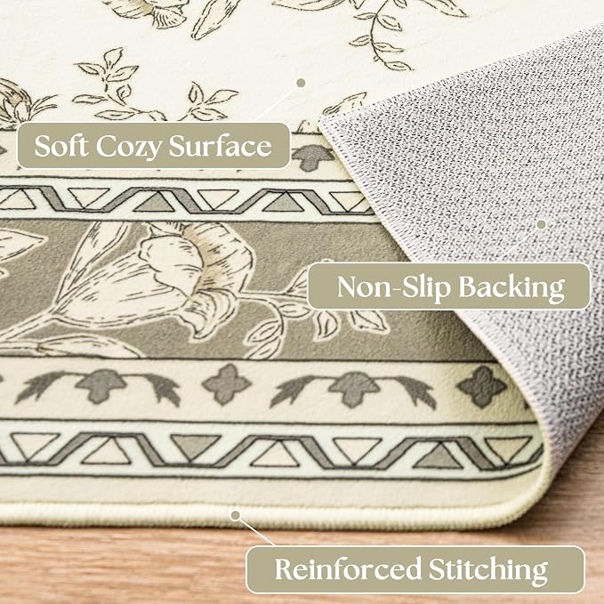 Greyish Beige Floral Rug 5x7 Machine Washable Area Rug - Image 3