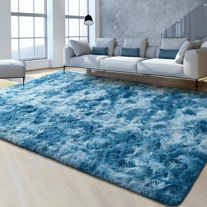 FlyDOIT Large Area Rugs for Living Room, 4x6 Feet Tie-Dyed Dark Blue Shaggy Rug - Image 2