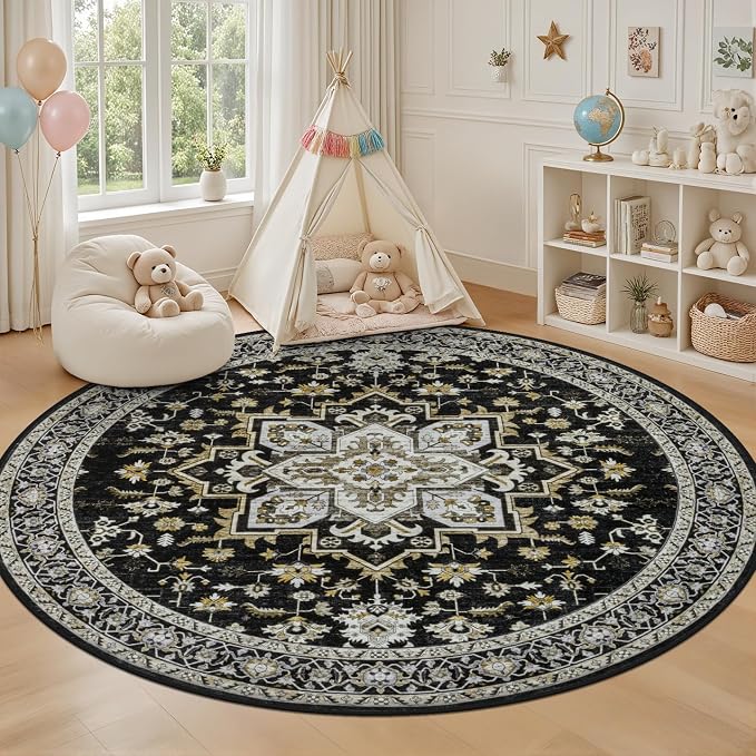 Round Area Rug for Living Room: 8 ft Washable Vintage Boho Soft Thin Circle Rug - Image 5