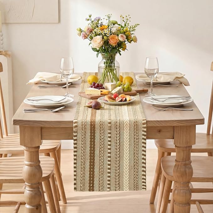 Artoid Mode Coffee Farmhouse Stripe Braided Table Runner 12x90 Inch | Holiday - Image 2