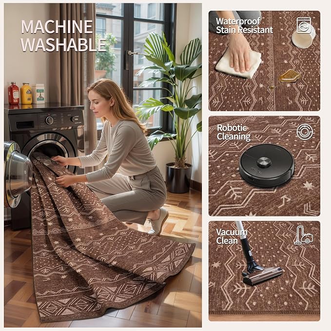 SERISSA 2x5 Kitchen Runner Rug, Washable Non-Slip Coffee Brown Boho Rug - Image 3