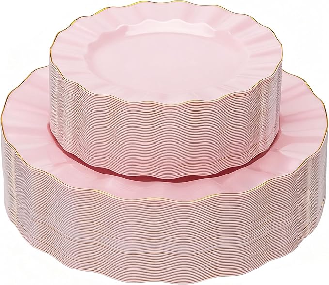 120PCS Pink Plastic Plates, Wavy Plates by QualQuot