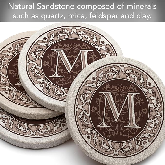 Thirstystone Monogram Round Natural Sandstone Coaster 4 Pack | 4" Diameter - Image 4