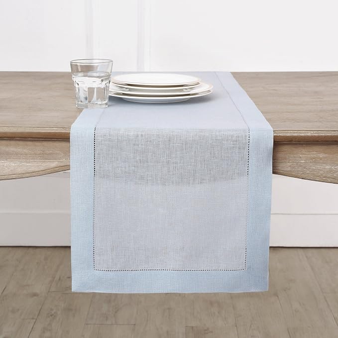 Solino Home 100% Pure Linen Table Runner Blue, Classic Hemstitch 14 x 72 in | by SolinoHome