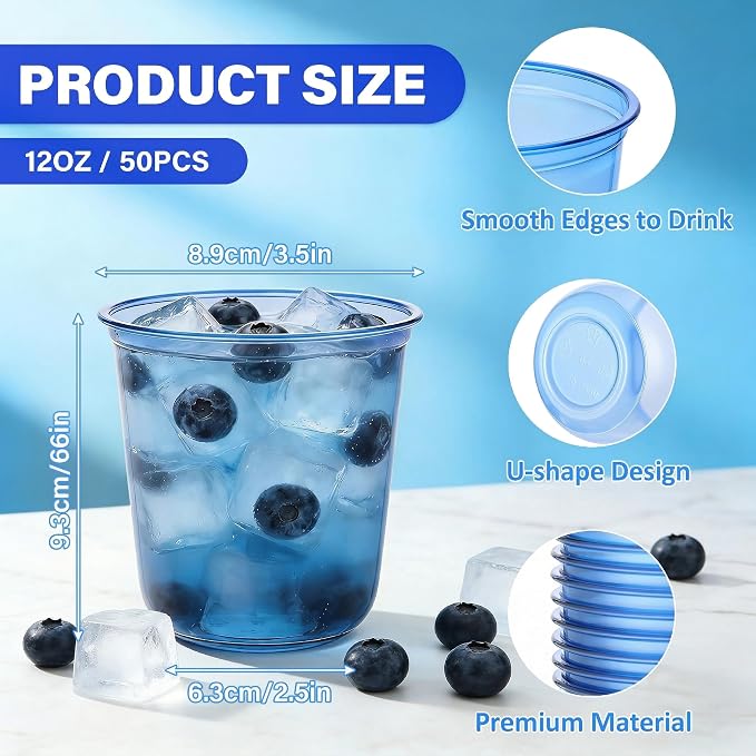 KesaPlan 50Pcs 12oz Blue Plastic Party Cups, Disposable Wine Cocktail Cups | - Image 2