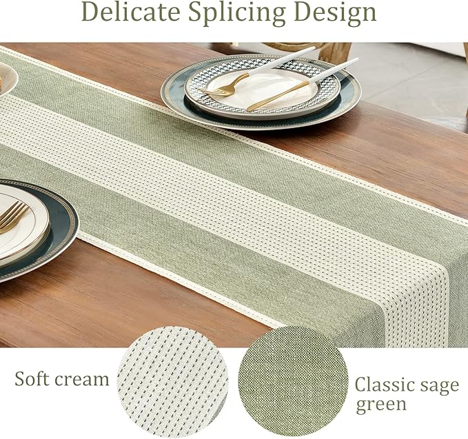 Wracra Linen Table Runner, Stripe Table Runners 72 Inches Sage Green | Delicate - Image 2