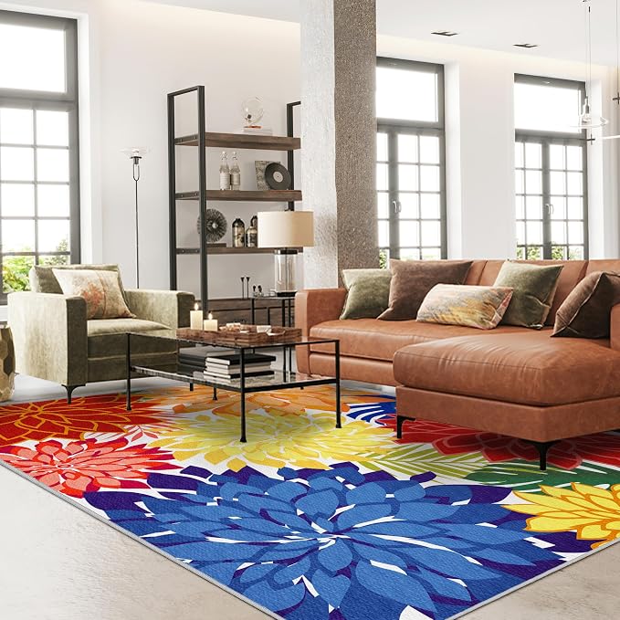 Colorful 9x12 Outdoor Area Rug Washable Multicolored Patio Rug Tropical - Image 2