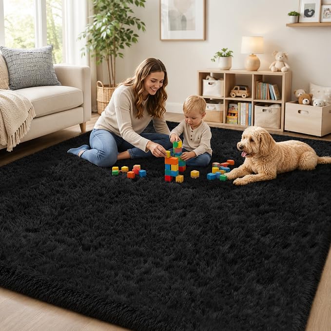 8x10 Area Rugs for Living Room Bedroom: Soft Fluffy Black Shag Upgrade Non-Slip - Image 9