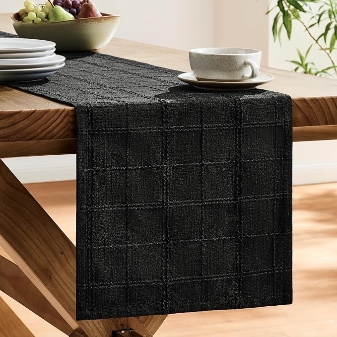 Linen Checked Farmhouse Table Runner, 13x108 Inches Black | Raised Grid Design - Image 4