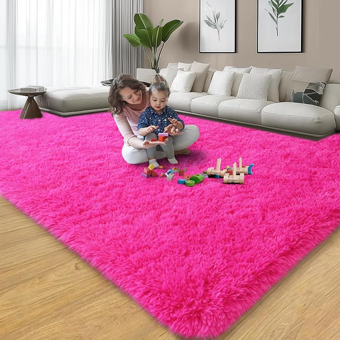 qulint Hot Pink Rug for Living Room 8x10, Soft Shag Fluffy Girl Rug for Bedroom - Image 7